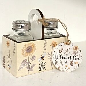 NWT Botanical Bee‎ Salt Pepper Shakers & Caddy Glass Jars Cottagecore Farmhouse